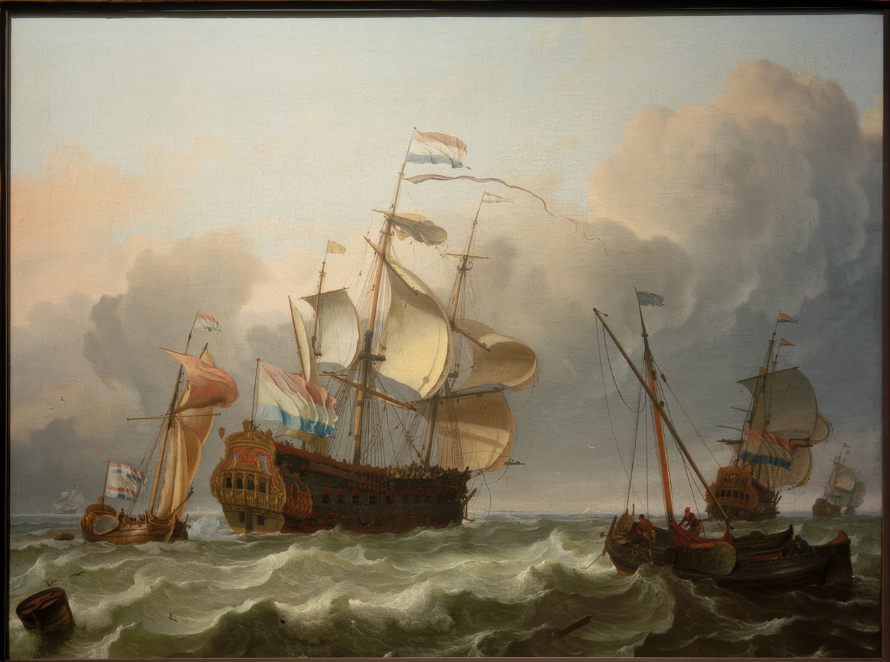 Et nederlandsk flaggskip med en yacht foran hekken av Ludolf Backhuysen
