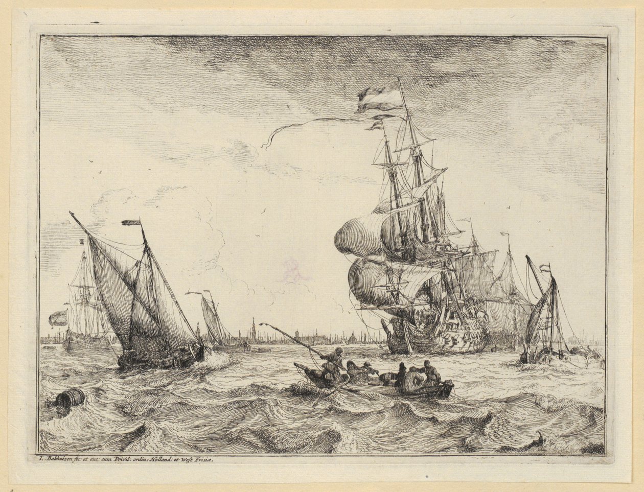En lekter og flere seilskip på et stormfullt hav utenfor Amsterdam, blad 4 fra serien «Sjøstykker med utsikt over IJ, Amsterdam, Rotterdam og Katwijk» (Hollstein nr. 1-10) av Ludolf Backhuysen