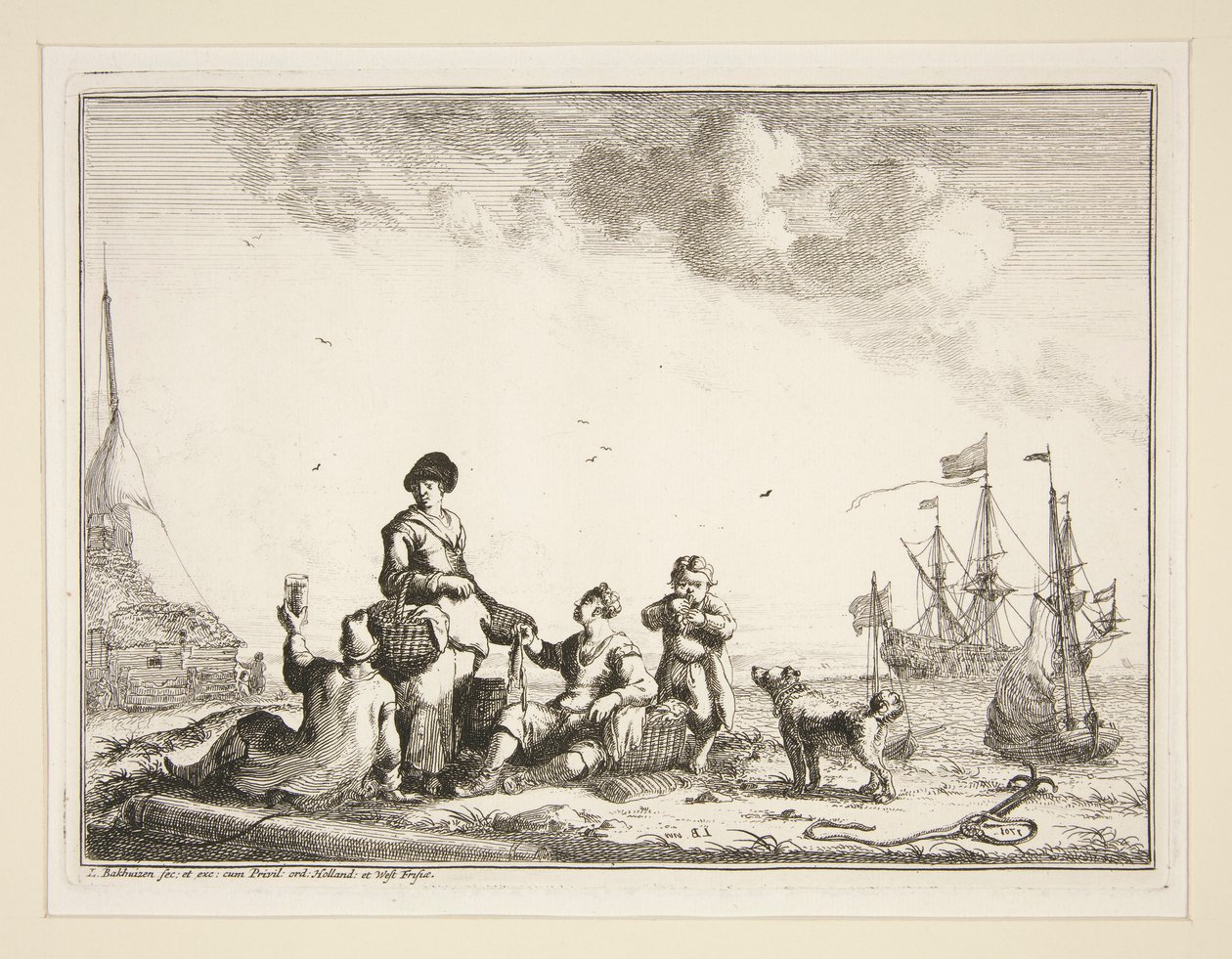 Havn med sjømenn og en fiskehandler av Ludolf Backhuysen