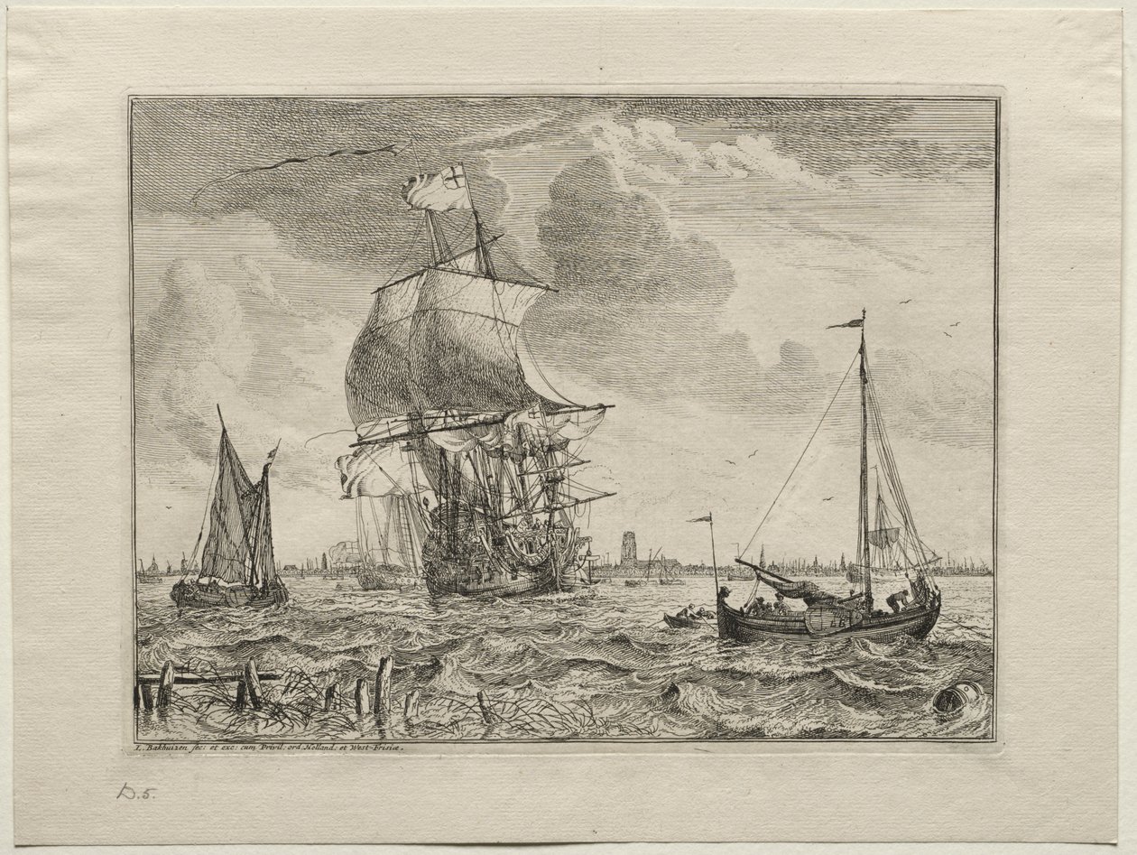 Marine scene med Amsterdam i det fjerne av Ludolf Backhuysen
