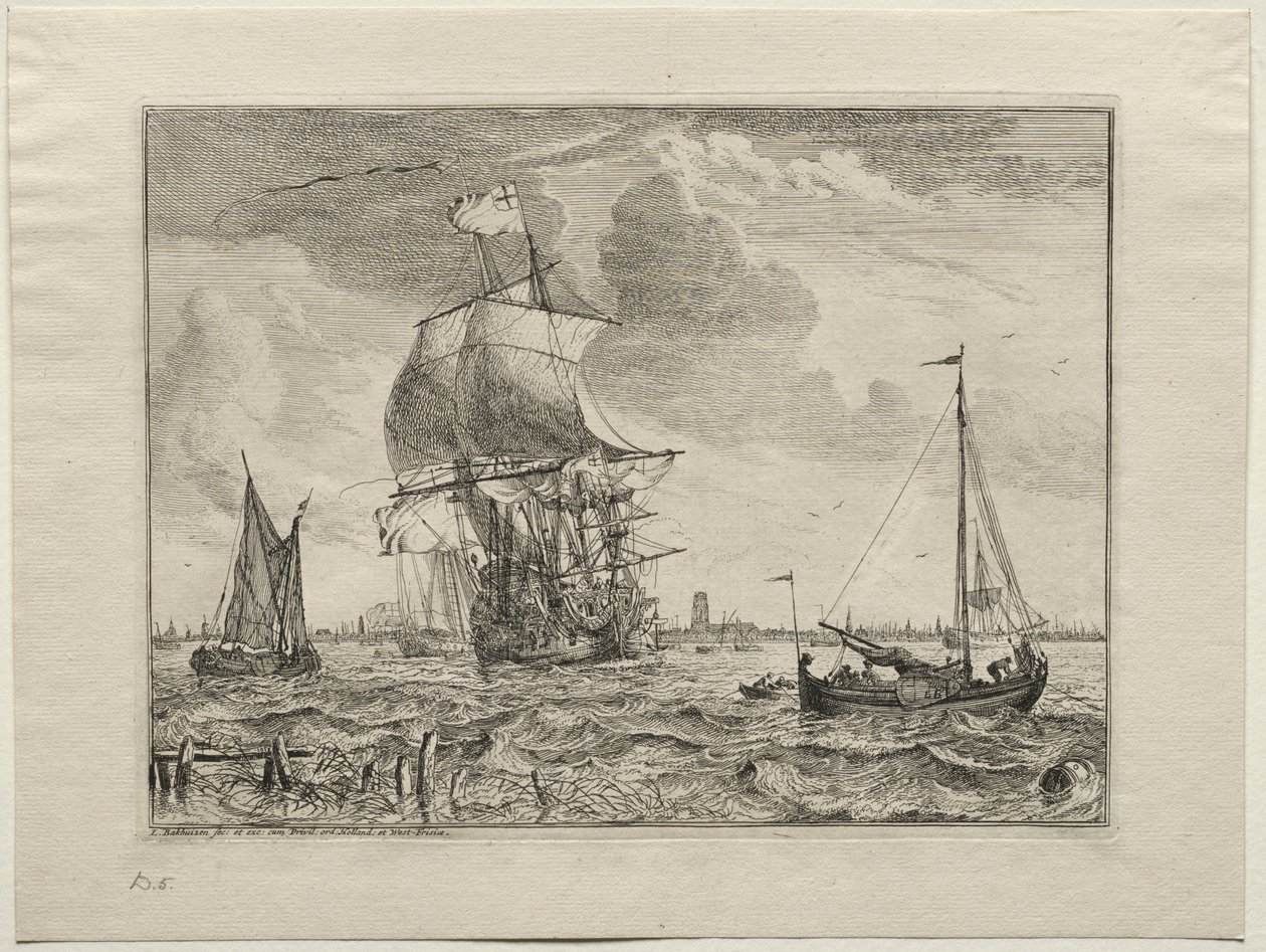Marine scene med Amsterdam i det fjerne, 1701. av Ludolf Backhuysen