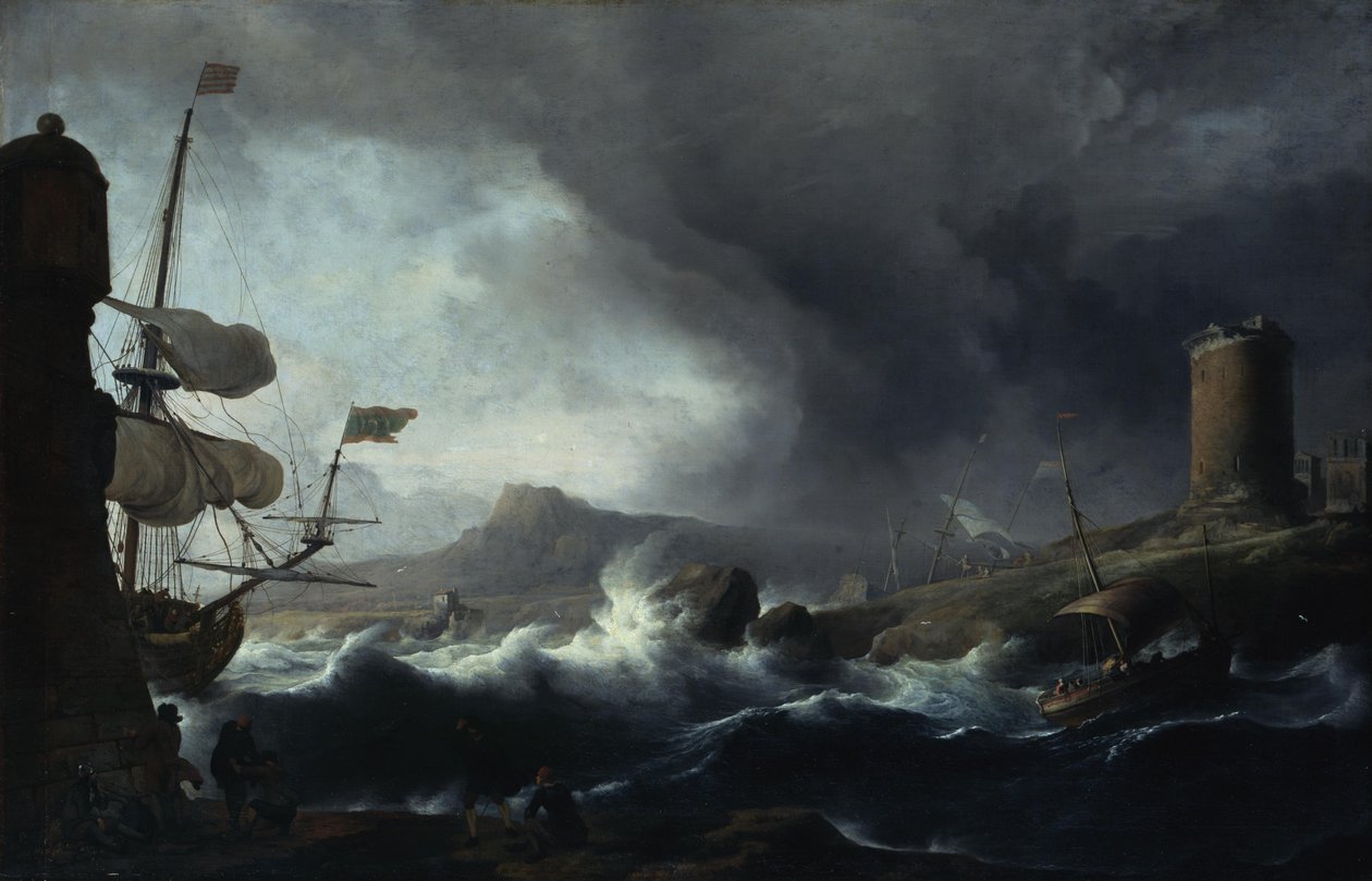 Stormfullt hav ved en fjellrik kyst av Ludolf Backhuysen