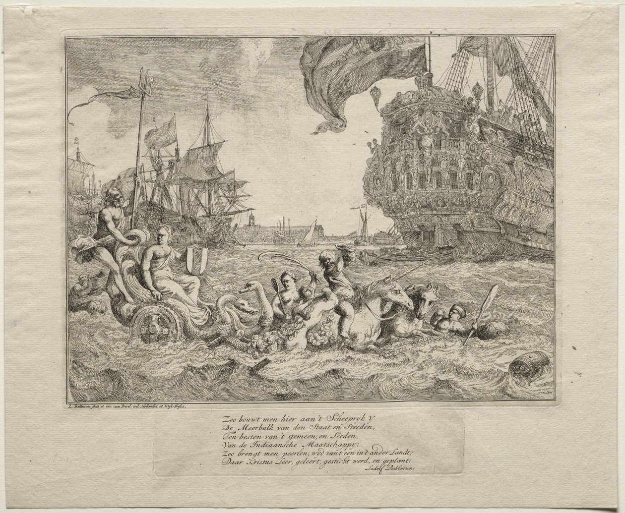 Personifiseringen av Amsterdam-kjøring i Neptunes-vogn, 1701. av Ludolf Backhuysen