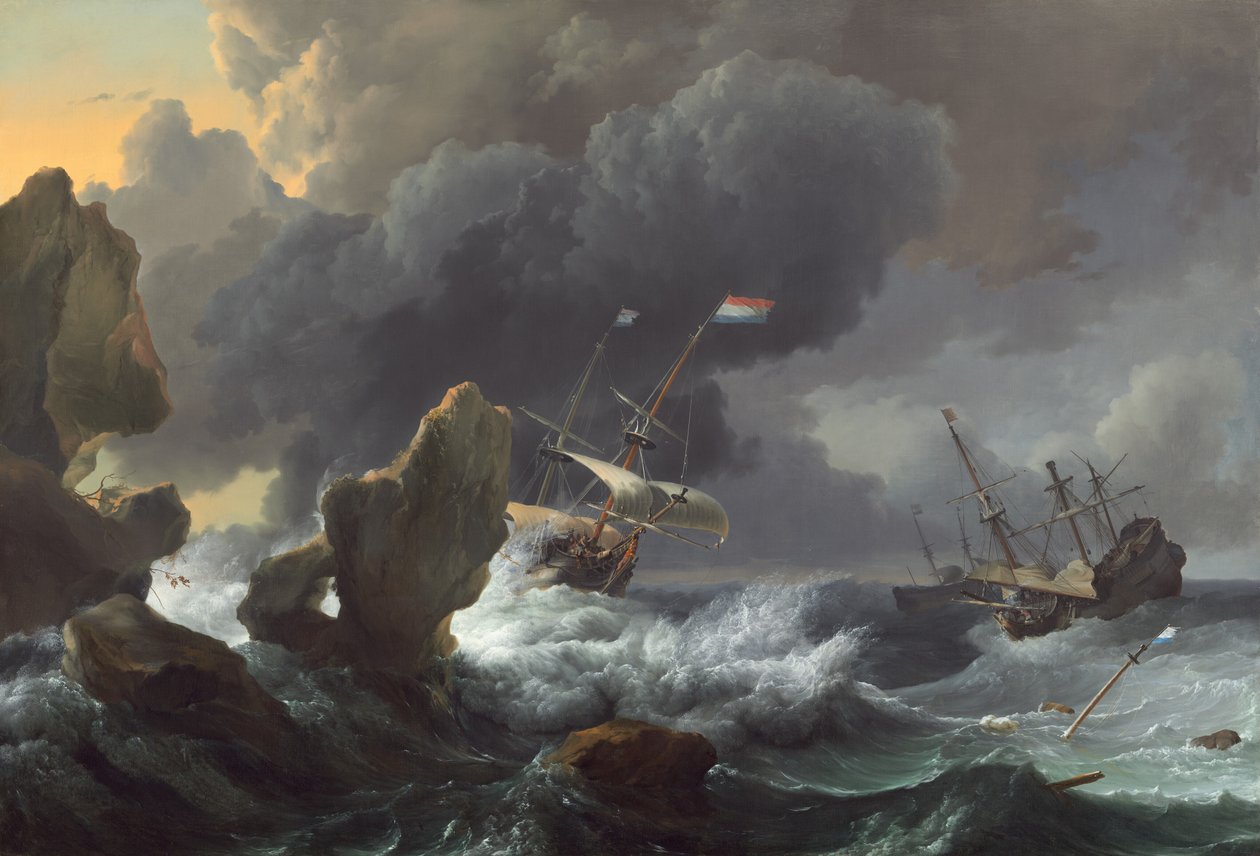 Skip i nød utenfor en steinete kyst, 1667. av Ludolf Backhuysen I