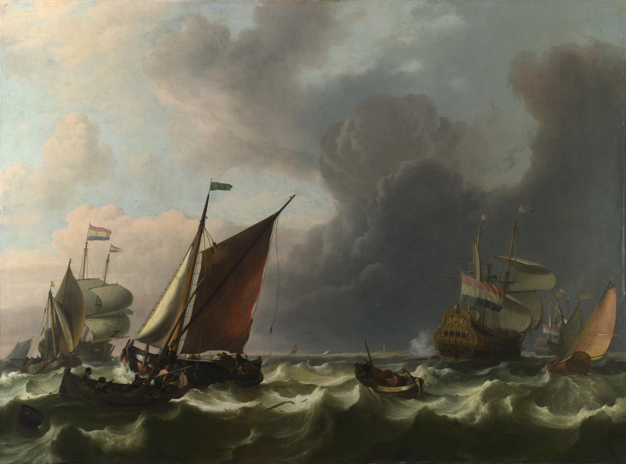 Nederlandske krigsmenn og små fartøy i en frisk bris utenfor Enkhuizen, 1683 av Ludolf Bakhuizen