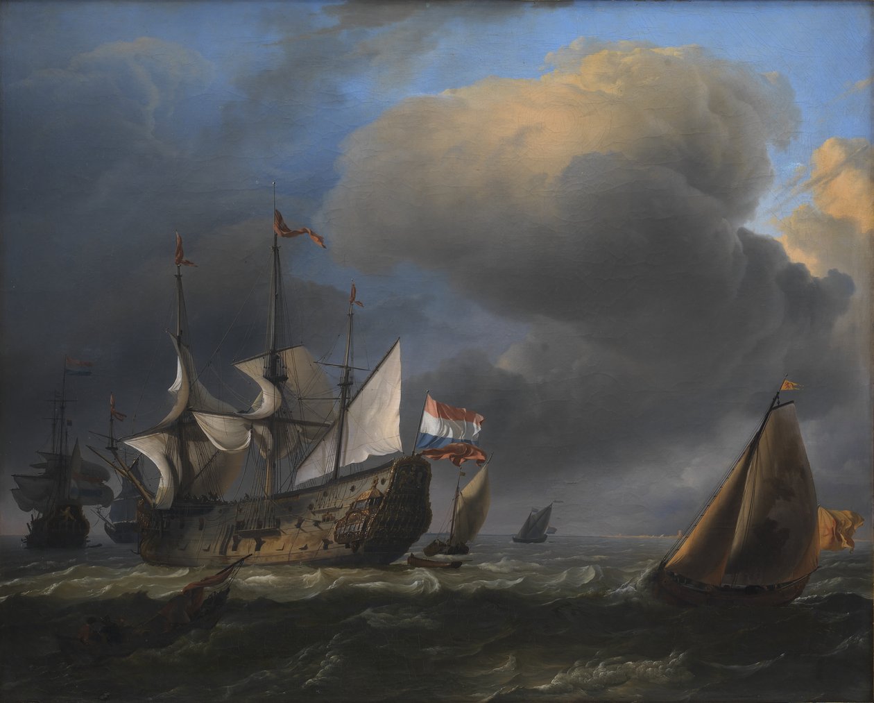 Havlandskap med nederlandske krigsmenn og fiskebåter av Ludolf Bakhuizen