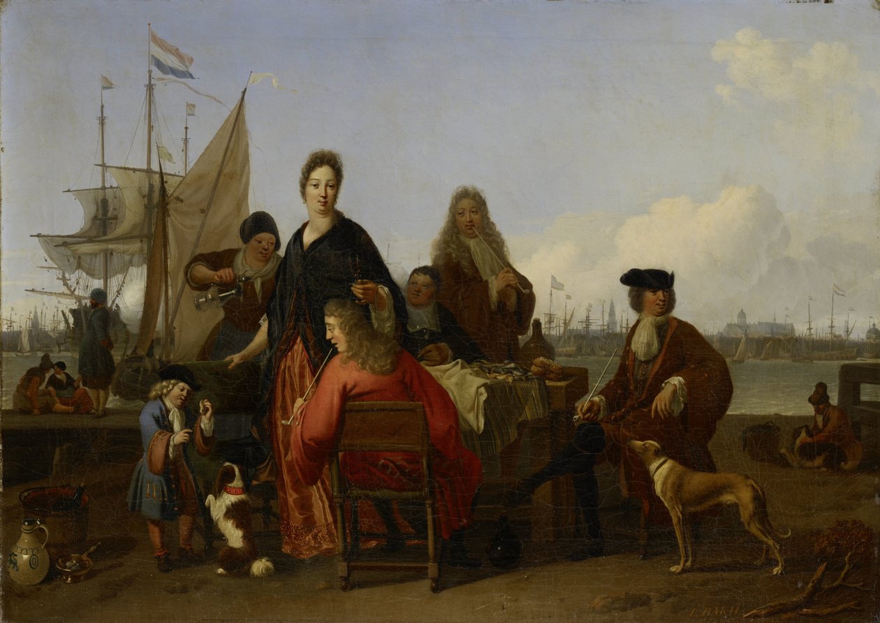Familiene Bakhuysen og de Hooghe spiser på Mosselsteiger (Mussel Pier) på Y, Amsterdam av Ludolf Bakhuysen (signed by artist)