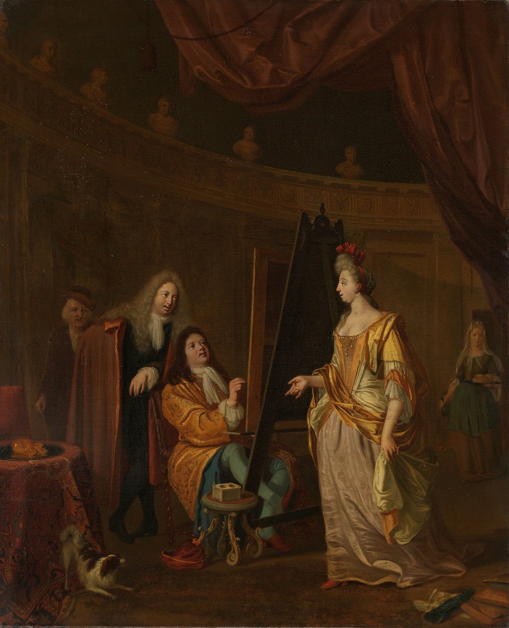 En kunstner i sitt studio, maler portrett av en dame av Ludolf Bakhuysen