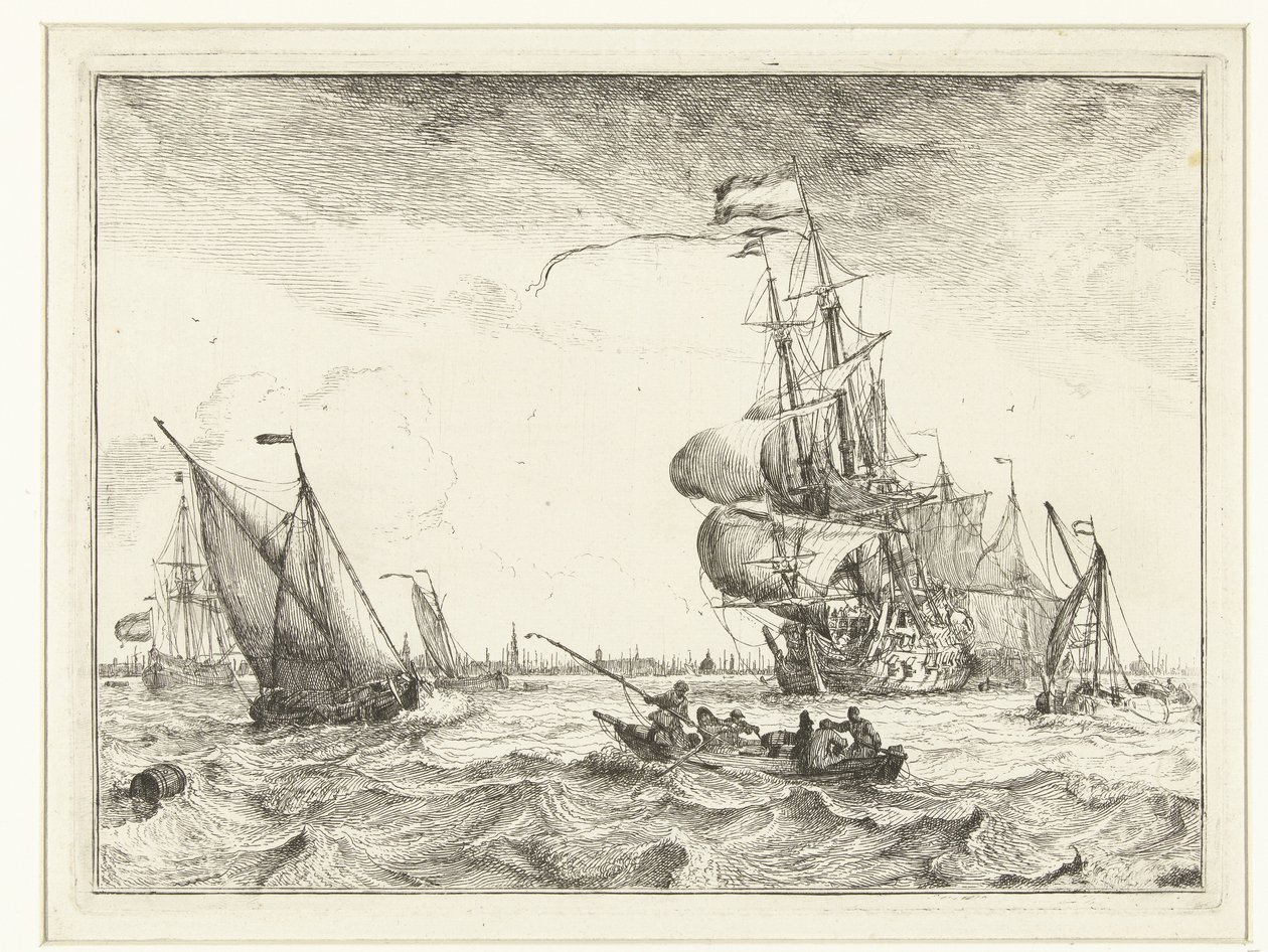 Utsikt over IJ med robåt Seascapes (serietittel) av Ludolf Bakhuysen