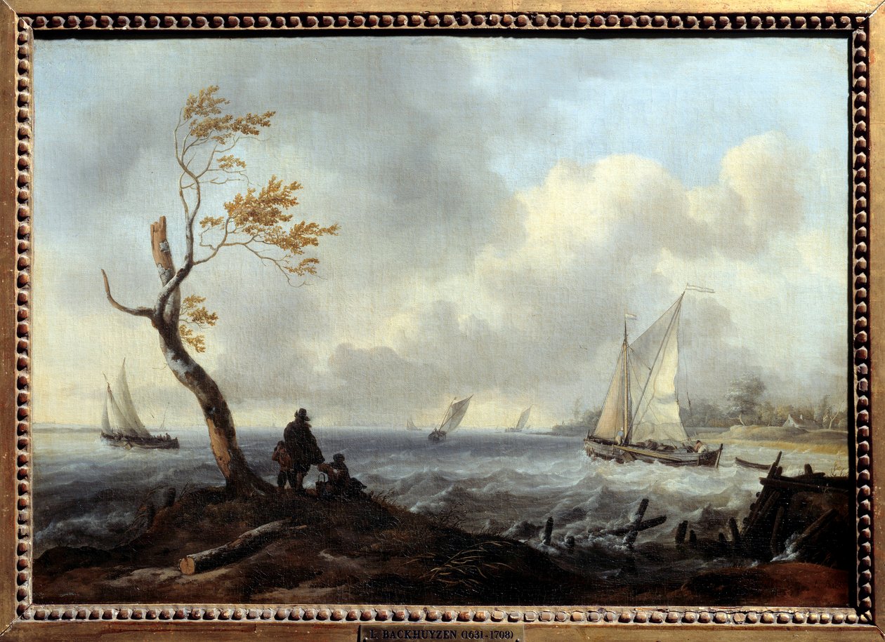 Fiskebåt og kystbåt i dårlig vær eller kuling Maleri av Ludolf Backhuysen (1631-1708) av Ludolf I Backhuysen