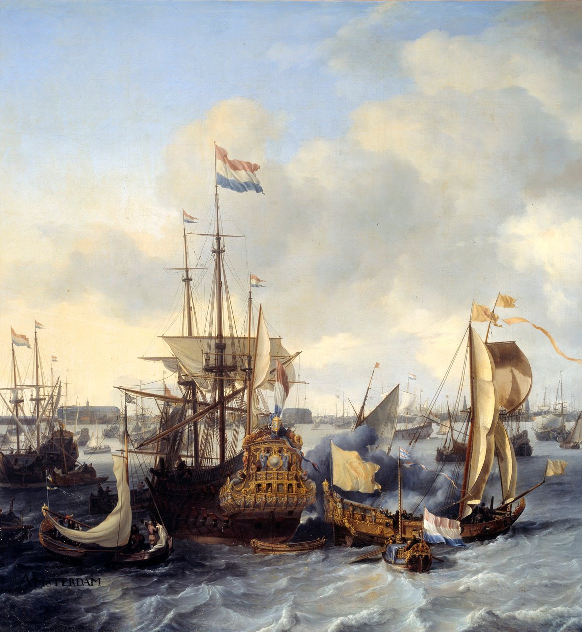 Utsikt over Amsterdam havn fra i detalj. Maleri av Ludolf Backhuysen (1631-1708) 1666 søn. 1,28x2,21 m av Ludolf I Backhuysen