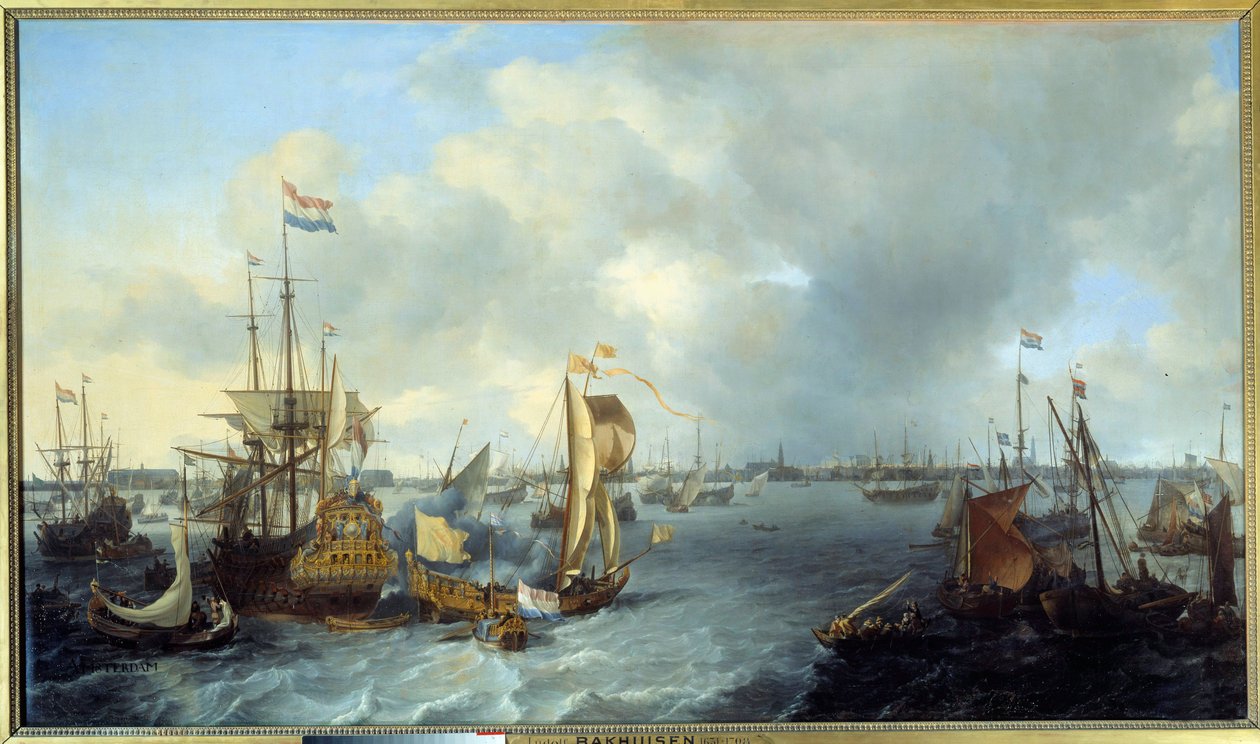 Utsikt over Amsterdams havn fra Ij-maleriet av Ludolf Backhuyzen (1631-1708) 1666 Søn. 1,28x2,21 m av Ludolf I Backhuyzen
