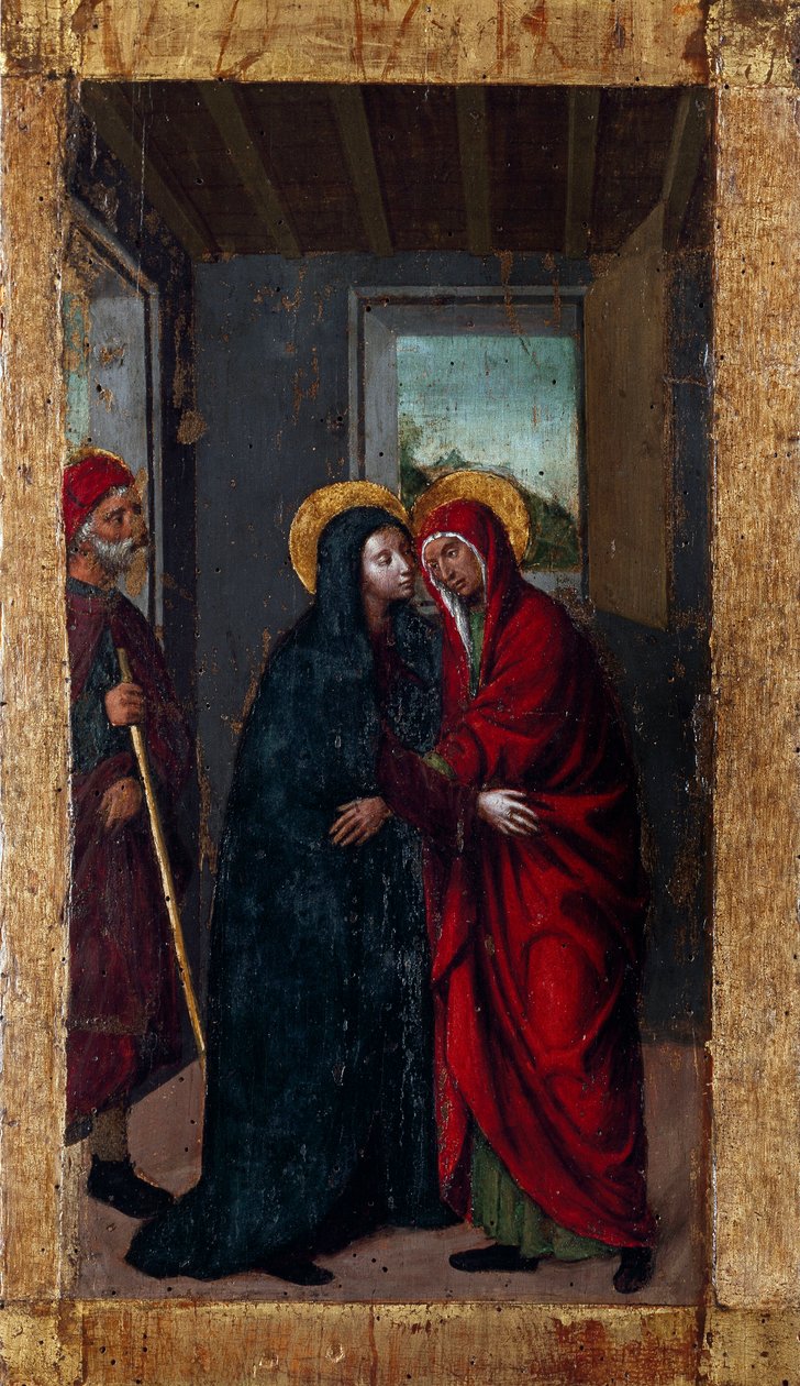 Jomfruens liv: "" Visitation"" Serien "" Mysteres of the Rosery"" Maleri på tre av Ludovico Brea (Louis Brea) (1450-1523) 1512-1513 Taggia, Museo del Convento di San Domenico Italia av Ludovico Brea