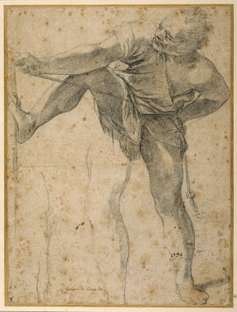 Mann som drar i et tau, venstre ben øvde en gang til (svart kritt på papir) av Ludovico Carracci