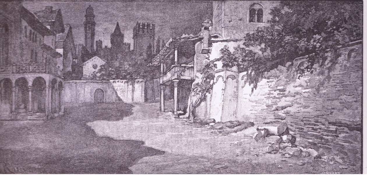 Et åpent sted ved siden av Capulets hage, illustrasjon fra Romeo og Julie, av Ludovico Marchetti