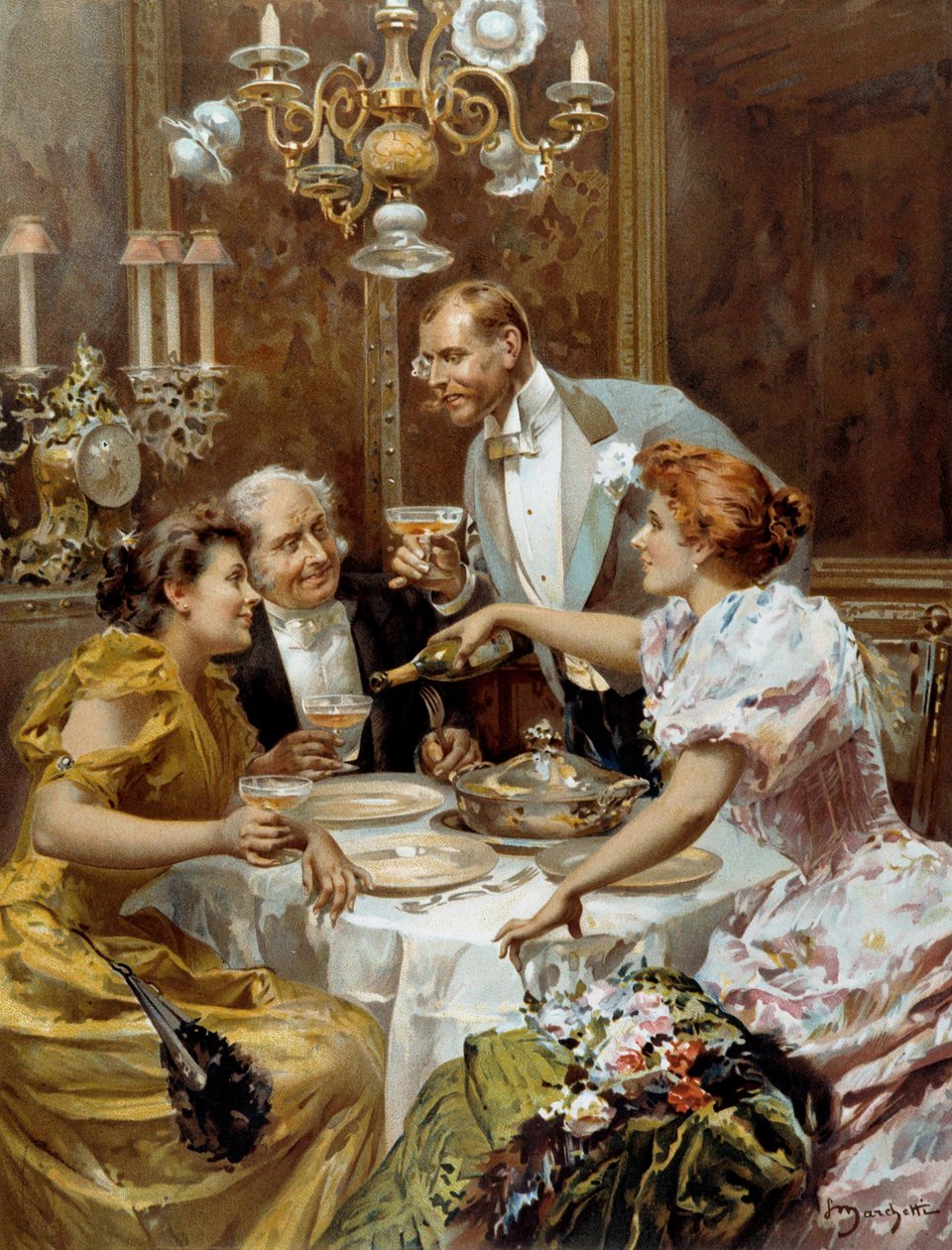 Vakker tid: "" den fine kveldsmaten""" To par i en privat salong drikker champagne. Illustrasjon av Ludovico Marchetti (1853-1909) 1893 Privat samling av Ludovico Marchetti