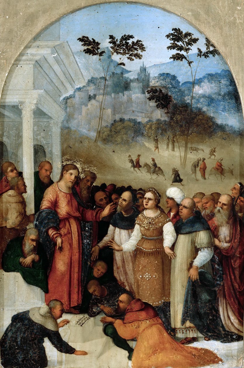 Kristus og kvinnen tatt i utroskap, ca. 1527. av Ludovico Mazzolino
