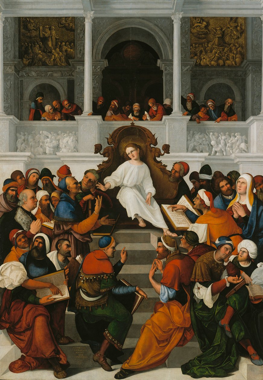 Den tolv år gamle Jesus underviser i tempelet, 1524 av Ludovico Mazzolino