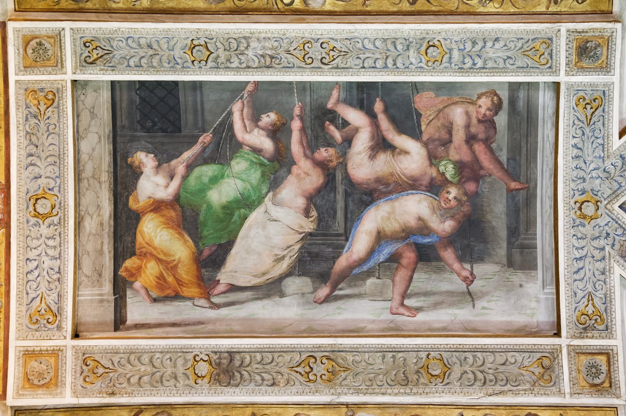 Pyrrhichios-dansen, detalj av taket i Hall of Games (fresco) av Ludovico Settevecchi