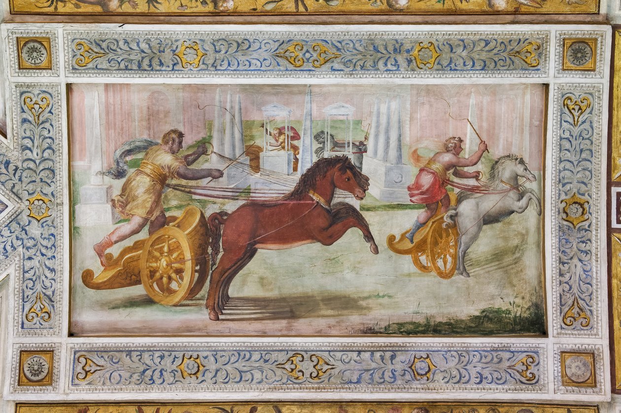Race of the quadriga, detalj av taket i Hall of Games (fresco) av Ludovico Settevecchi