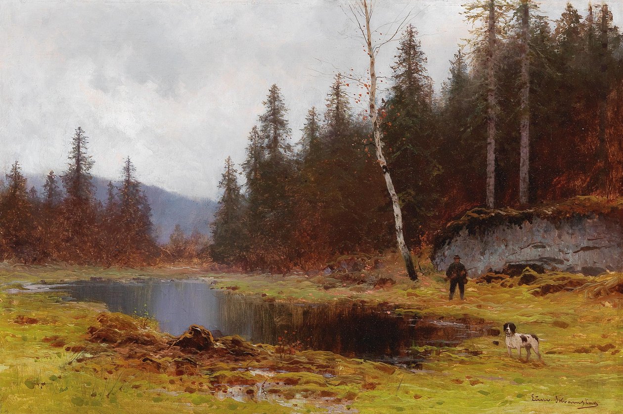 Jeger ved dammen av Ludvig Skramstad
