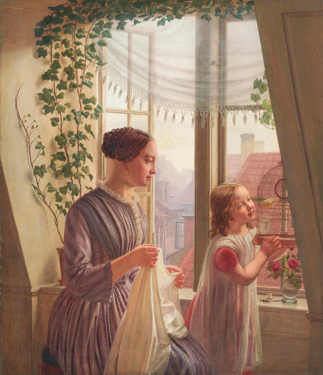 Interiør med mor og datter ved et vindu, 1853 av Ludvig August Smith