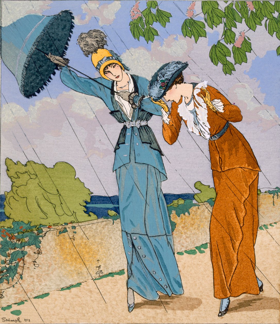 'Giboulee', plate VII fra Gazette du Bon Ton, nr. 6, april 1913 (farge litho) av Ludvik Strimpl