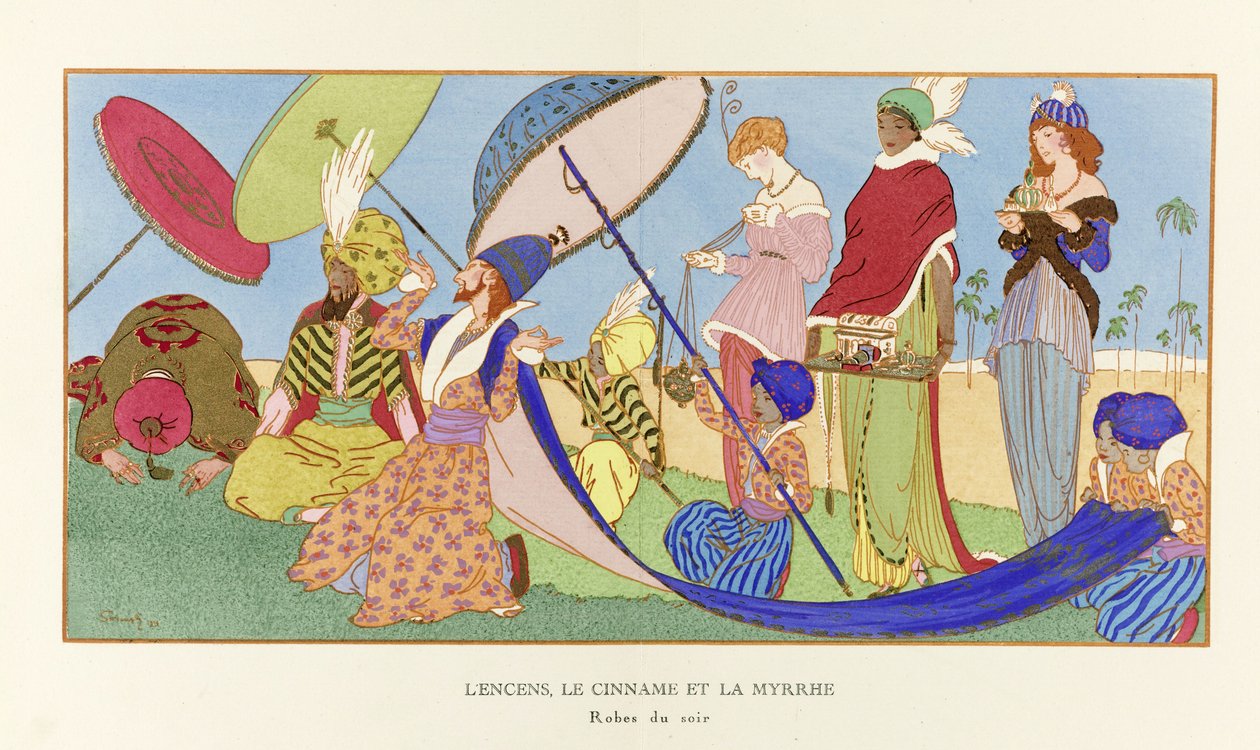 Frankincense, Cinname and Myrra fra La Gazette du Bon Ton, pub. 1914 (sjablongertrykk) av Ludvik Strimpl