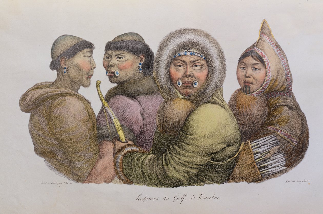 Innfødte fra Kotzebuebukta, Alaska, fra Voyage Picturesque Around the World, publisert 1822 av Ludwig Choris
