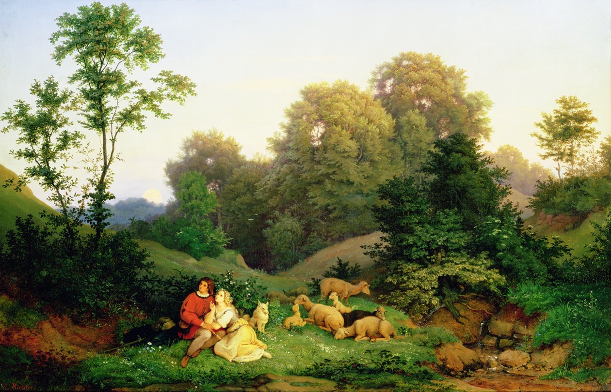 Hyrde og gjeterinne i et tysk landskap, 1844 av Ludwig Adrian Richter