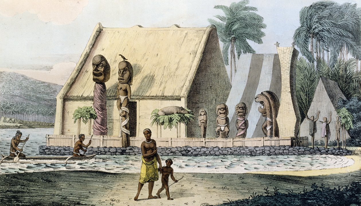 Kongens tempel i Tiritatea-bukten, fra 'Voyage Pittoresque Autour du Monde', gravert av Jean Pierre Norblin (1745-1830) utgitt i 1822 av Ludwig Choris