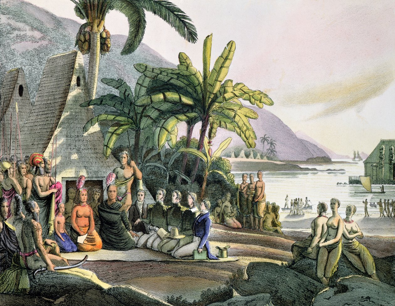 Møte mellom ekspedisjonspartiet til Otto von Kotzebue (1788-1846) og kong Kamehameha I (174052-1819) Ovayhi Island av Ludwig Choris