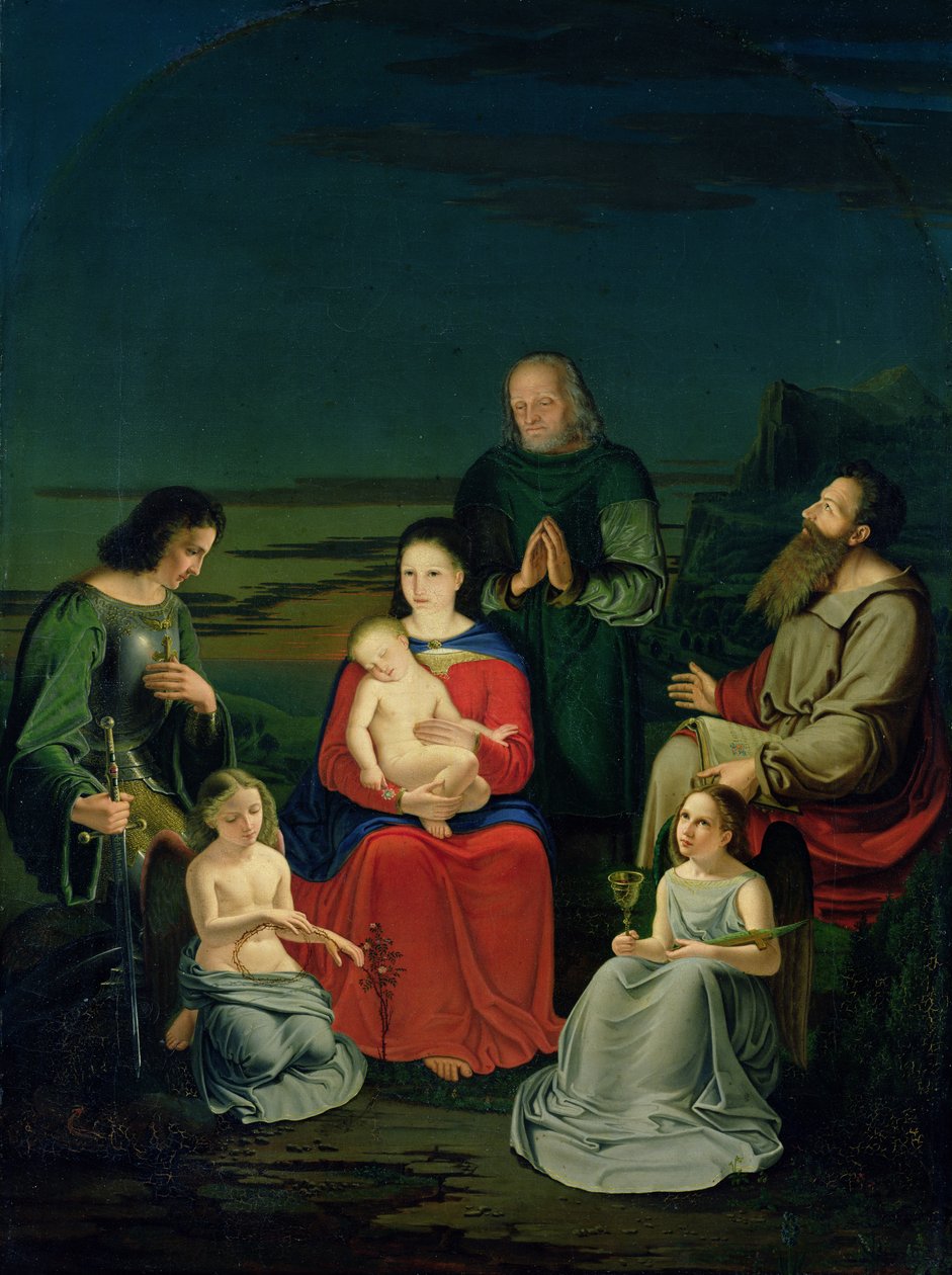 Hellig familie med engler og hellige, ca. 1824 av Ludwig Emil Grimm
