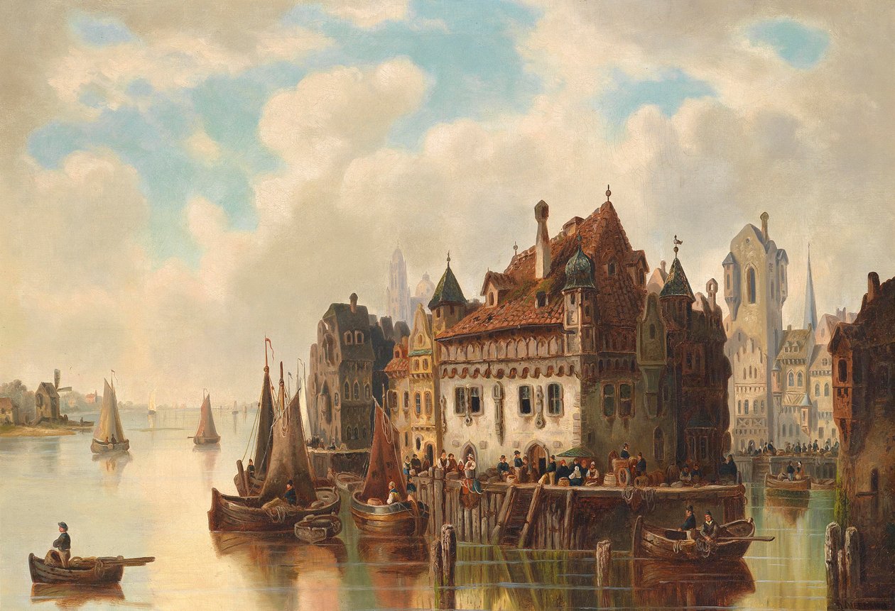 Fantastisk utsikt over en by ved elven av Ludwig Hermann