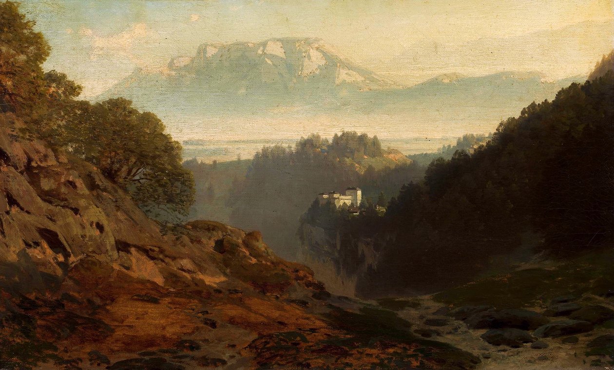 Fjellandskap med et slott. av Ludwig Willroider