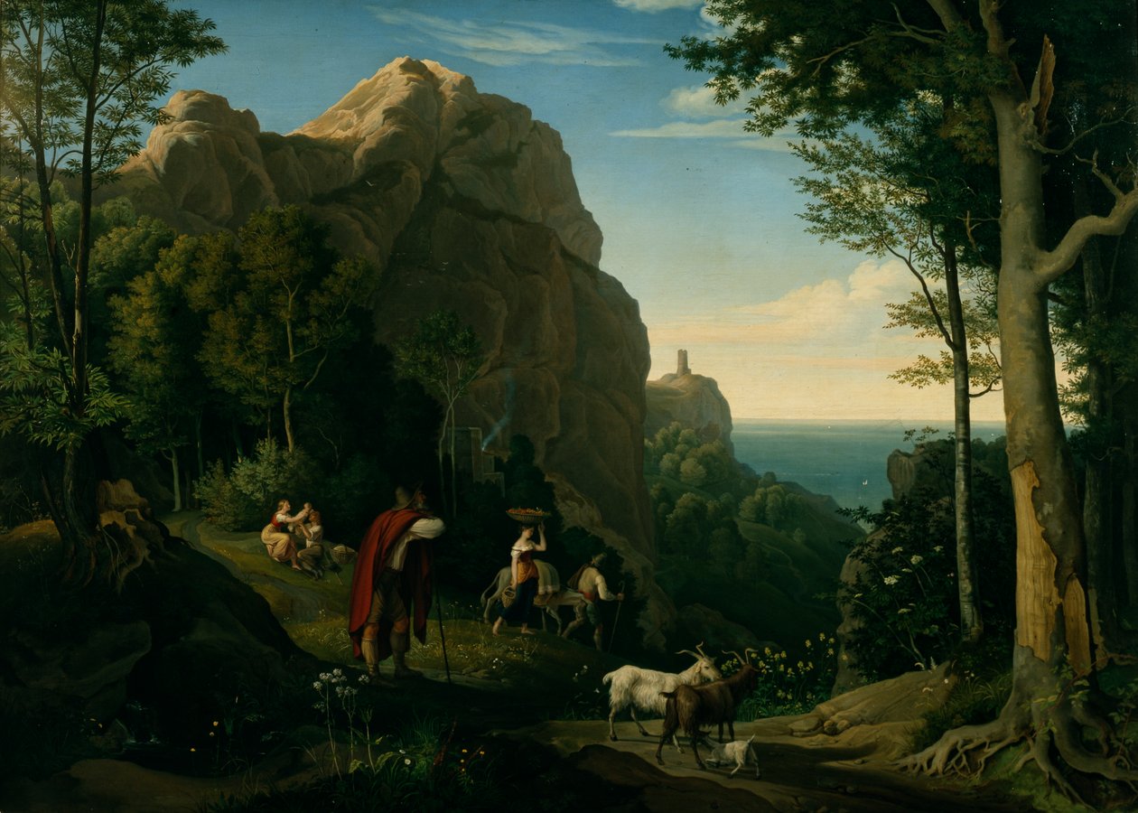 Valley ved Amalfi med utsikt over Salerno Bay (olje på lerret) av Ludwig Adrian Richter