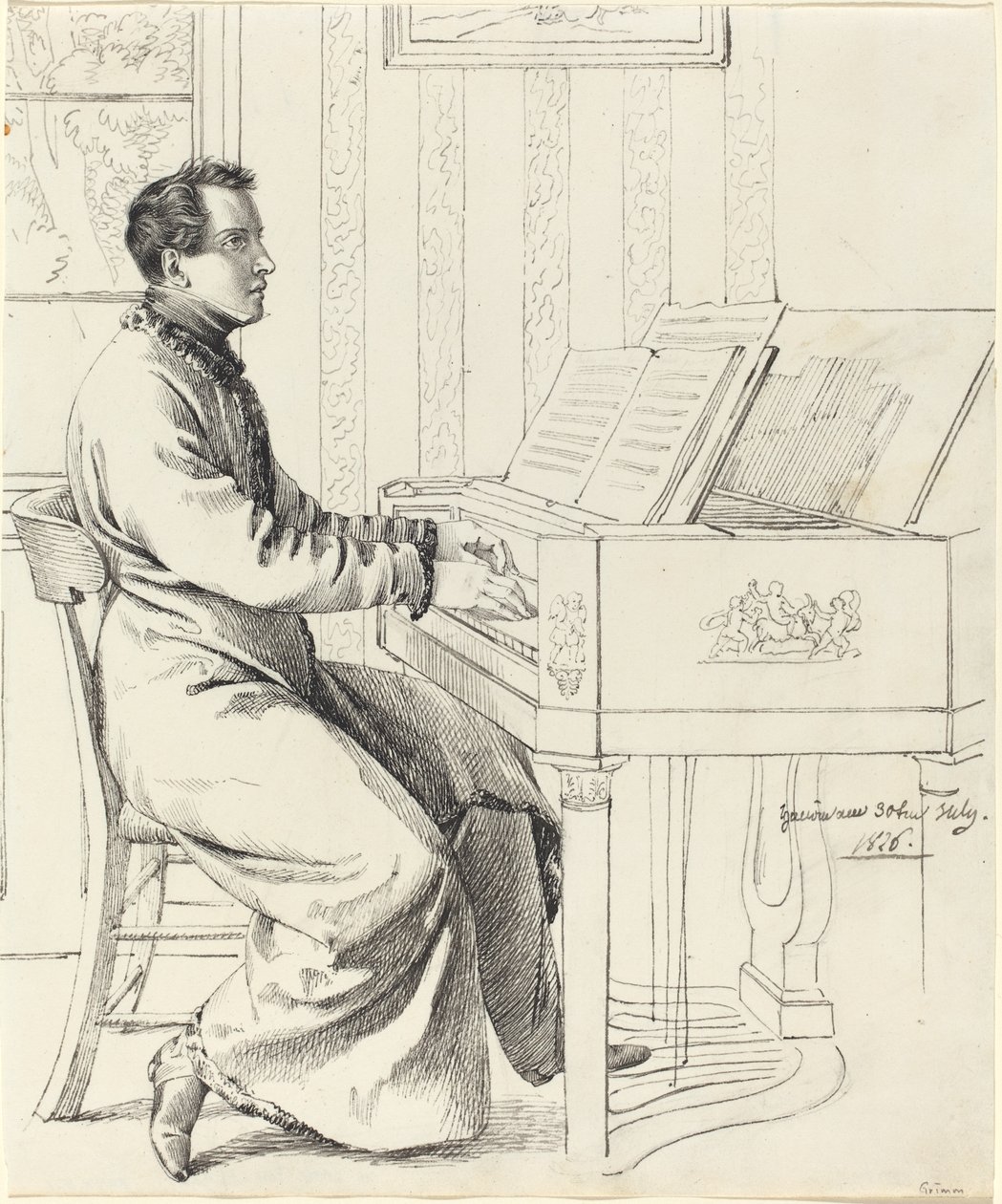 Grimm, Ludwig Emil   tysk, 1790 - 1863  Kunstnerens svoger, Ludwig Hassenpflug, Preparing to Play the Piano, 1826 (penn og svart blekk over grafitt på vevd papir) av Ludwig Emil Grimm