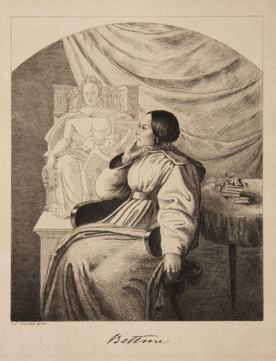 Portrett av forfatteren Bettine von Arnim 1785-1859, født Brentano, 1838. av Ludwig Emil Grimm