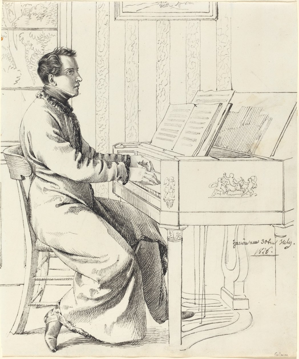 Artistens svoger, Ludwig Hassenpflug, forbereder seg til å spille piano av Ludwig Emil Grimm