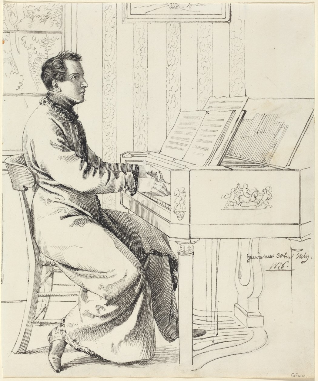 Kunstnerens svoger, Ludwig Hassenpflug, gjør seg klar til å spille piano av Ludwig Emil Grimm
