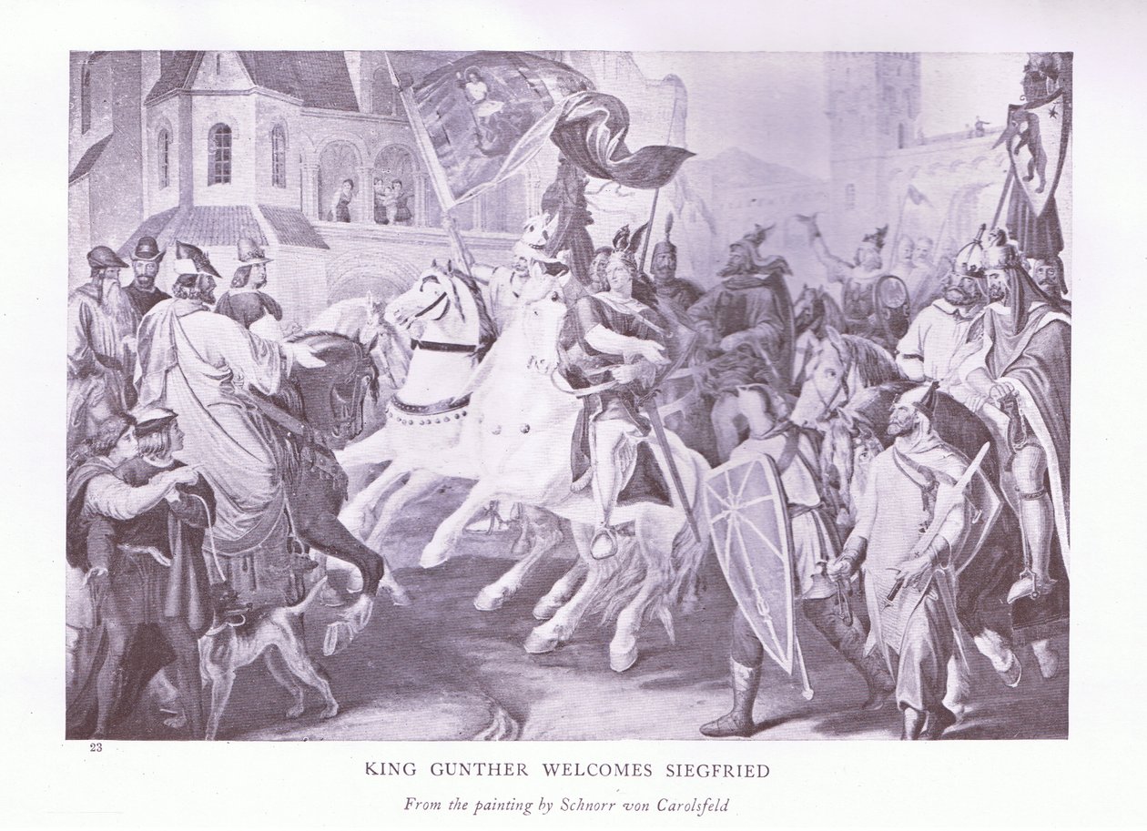 Kong Gunther ønsker Siegfried velkommen, 1920-tallet av Ludwig Ferdinand Schnorr von Carolsfeld