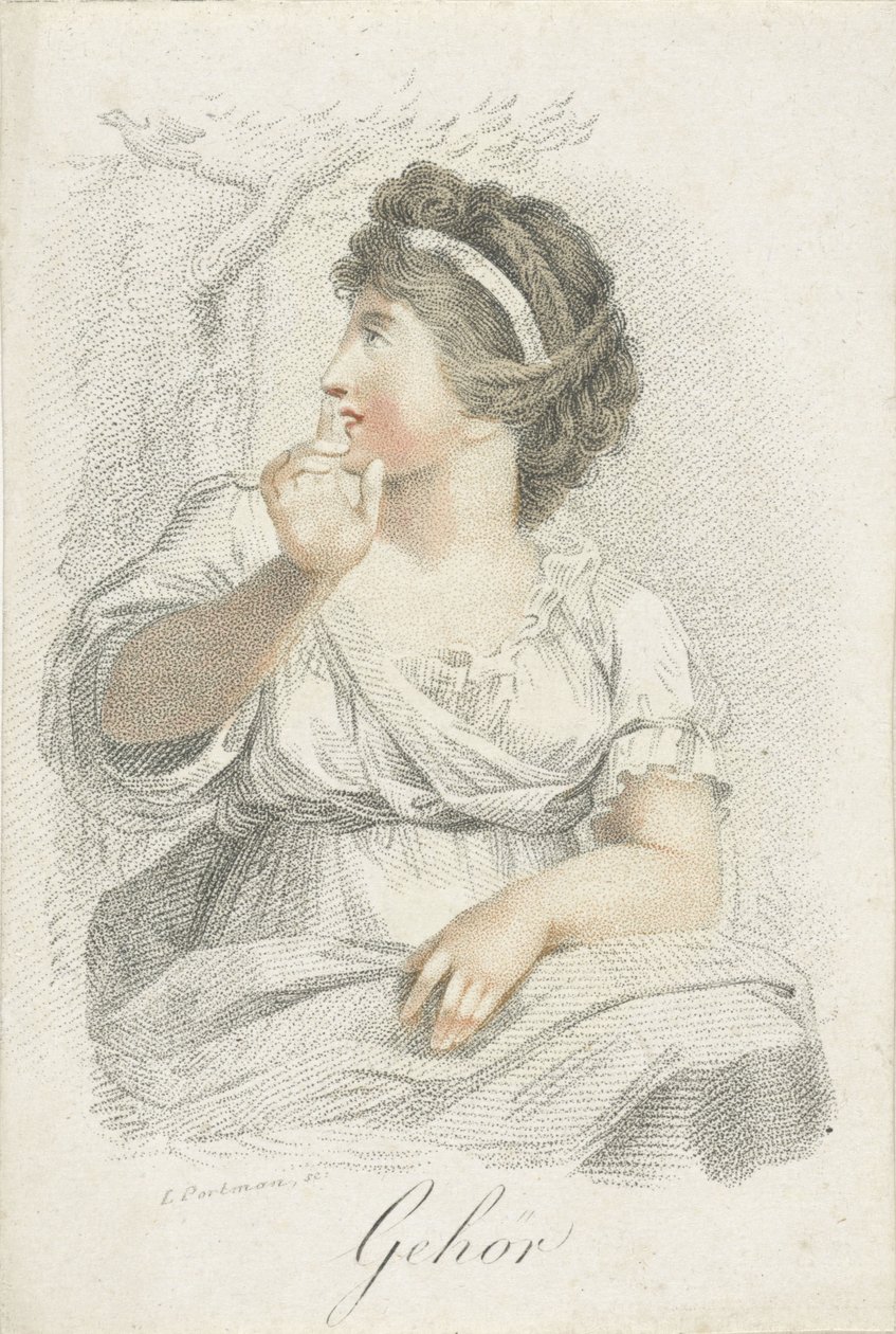 hørsel Høring (tittel på objekt) Fem sanser representert av kvinnelige figurer (serietittel) Die Funf Sinne (serietittel) av Ludwig Gottlieb Portman