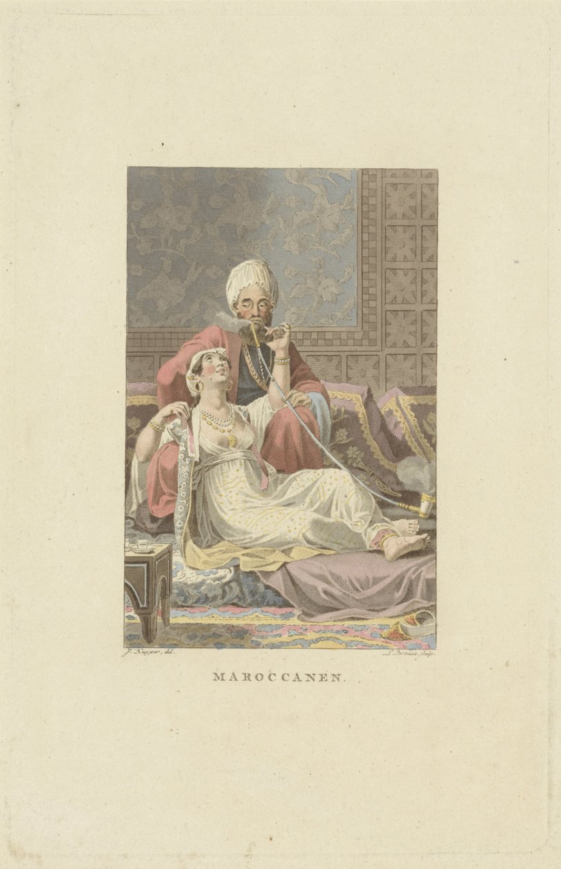Marokkansk par i tehus Marokkanere (tittel på objekt) av Ludwig Gottlieb Portman
