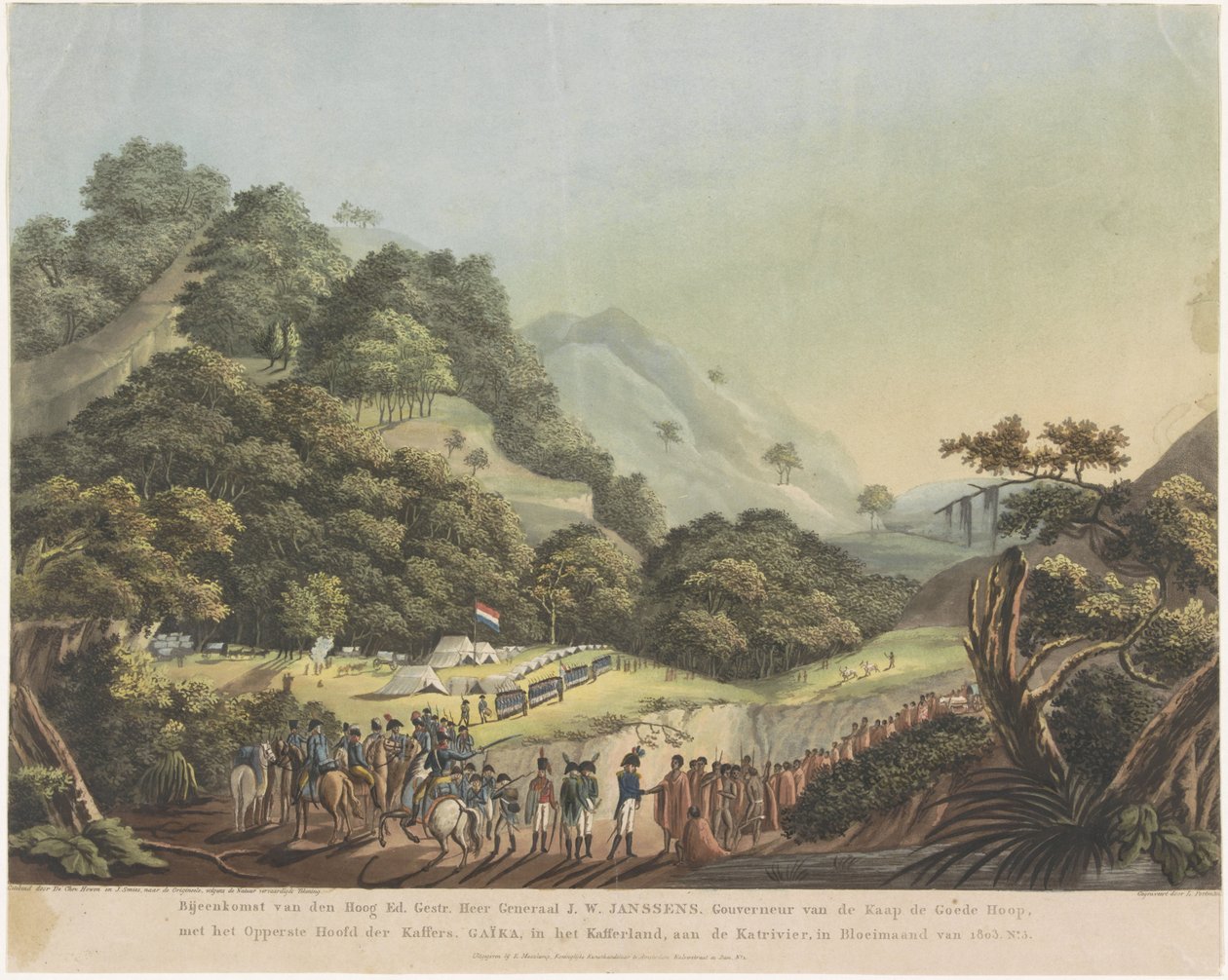Møte mellom generalguvernør Janssens og Xhosa-lederen Gaika, 1803 Møte i High Ed. Gestr. Sir general J.W. Janssens. Guvernør på Kapp det gode håp, med kafferens øverste leder. Gaika, i Kaffirland, på Katri av Ludwig Gottlieb Portman