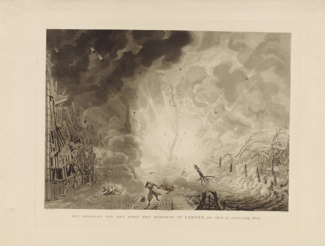 Katastrofen i Leiden, 1807 Hoppe skipet med krutt ved Leijden, 12. januar 1807 (tittel på objekt) av Ludwig Gottlieb Portman