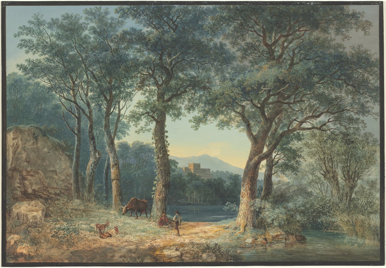 En skogkledd innsjø med en italiensk villa av Ludwig Hess