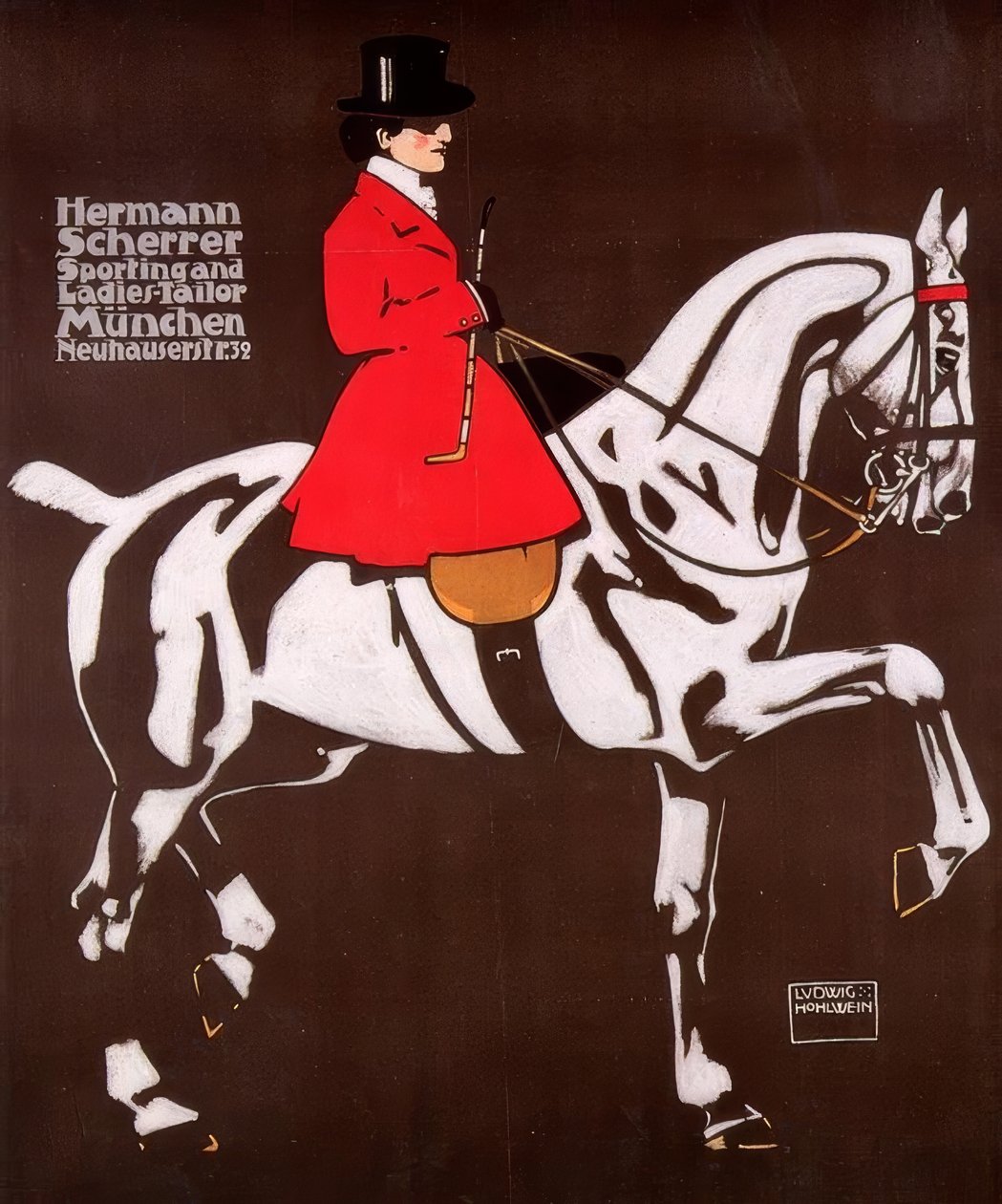 Dame til hest i ridedrakt, som brukt til revejakt i England av Ludwig Hohlwein