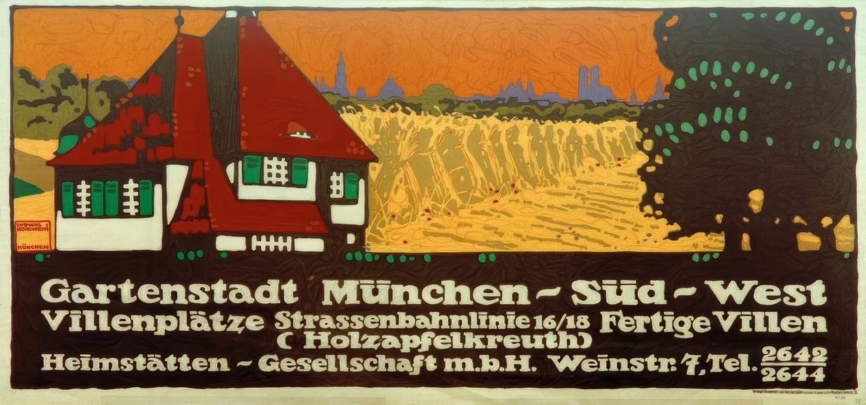 Hageby München-Sørvest / Villatorg / Trikkelinje 16/18 / Ferdige villaer (Holzapfelkreuth) / Heimstätten-Gesellschaft m av Ludwig Hohlwein