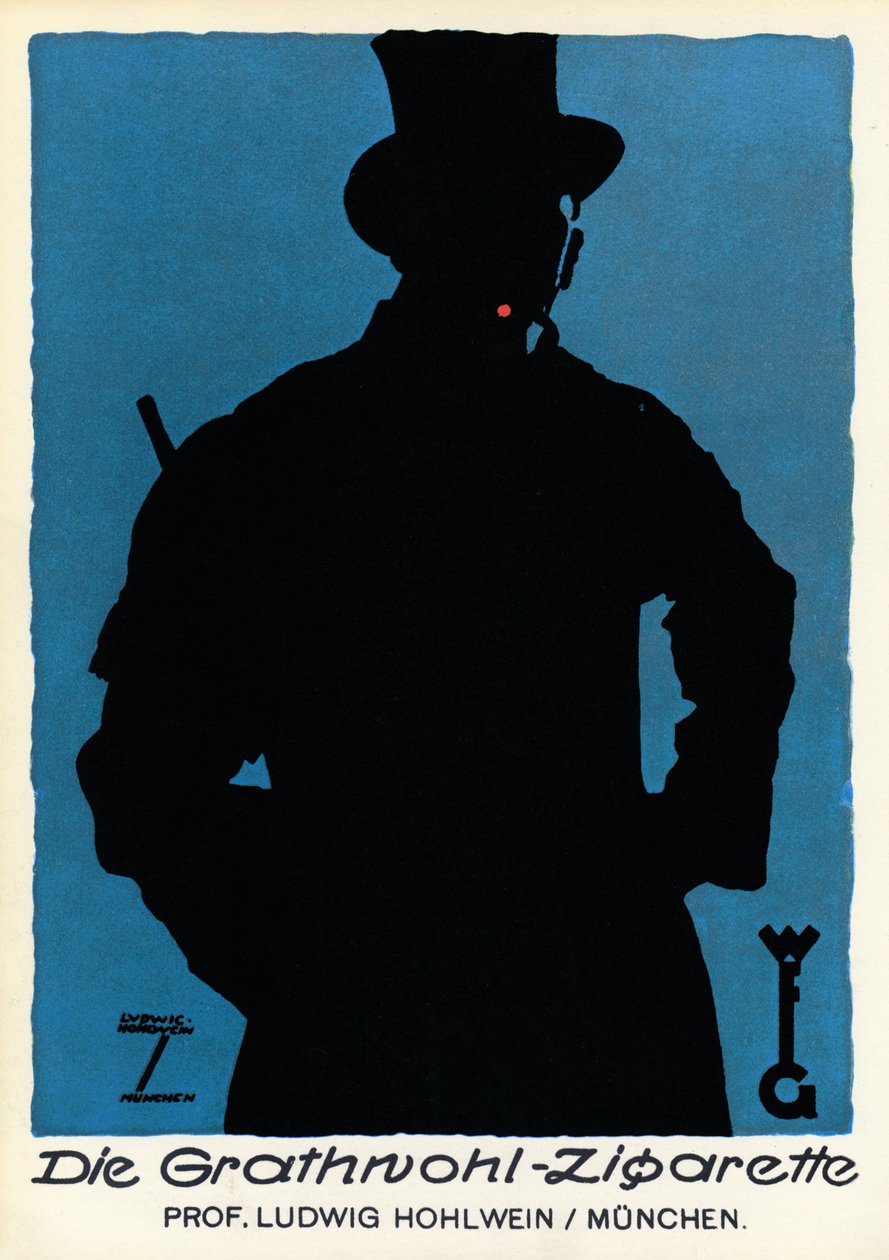 Tobakk: reklameplakat for sigaretter "Die Grathnohl Zigarette", München 20. (plakat) av Ludwig Hohlwein