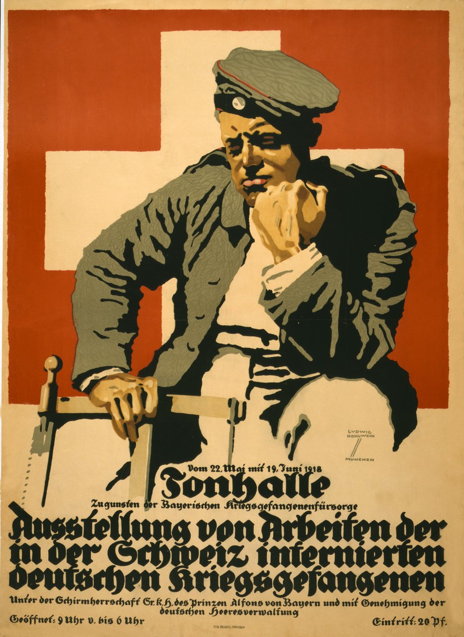 Tonhalle ... Utstilling av verk av tyske krigsfanger internert i Sveits, pub. I 1918 (farge litho) av Ludwig Hohlwein
